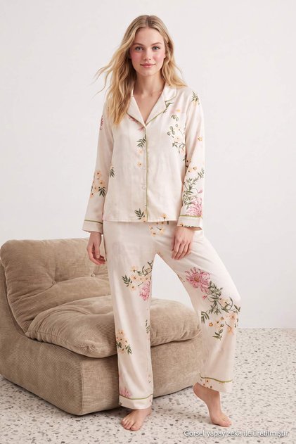 White Floral Satin Woven Pajama Set Thmaw27Pt00010