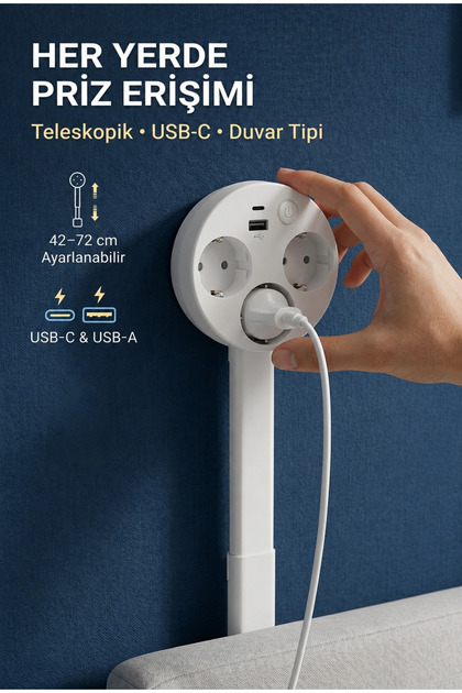 Teleskopik Çoklu Priz, 3’lü Topraklı + USB-C & USB-A, Yükseklik Ayarlı, Anahtarlı Uzatma Priz