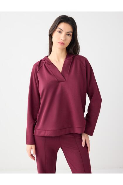 Burgundy Long Sleeve Hooded Knitted Sweatshirt
