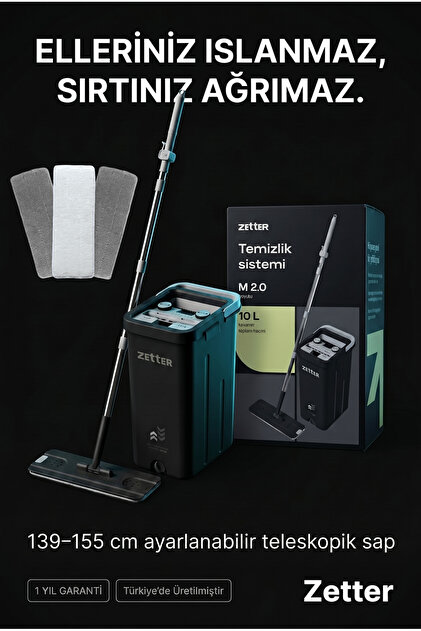Zetter Mop Temizlik Seti, 1 Yıl Garantili, Zamanlayıcılı, 3 Bezli