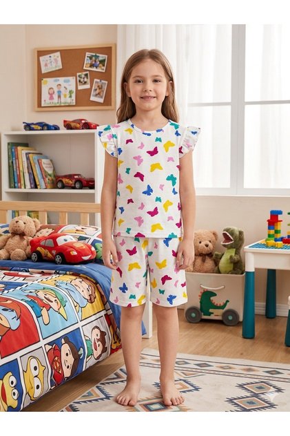 Girl's Cotton White Patterned Sleeves Ruffled Shorts Summer Pajama Set
