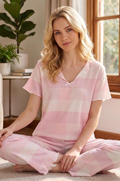Bürümcük Knitted Short Sleeve Women's V-Neck Pajama Set