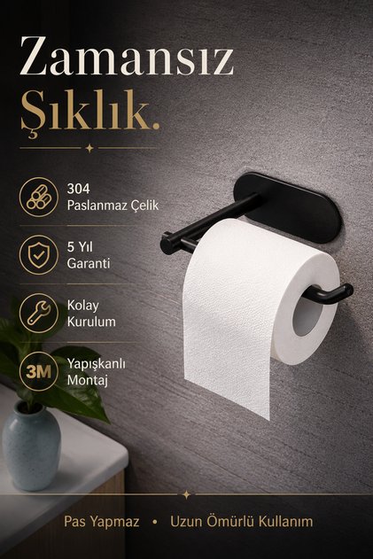 Premium Black 304 Stainless Steel Adhesive Toilet Roll Holder, Black Toilet Paper Hanger, Mounting Without Drilling