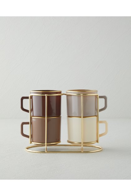 Brownfall Cam Standlı ve 4’lü Kupa 180 ml Kahverengi-Gold