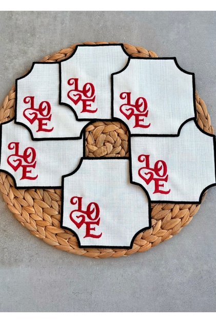 6-Piece Love Embroidered Presentation Napkin Set, Invitation Napkin, Coffee Presentation Napkin