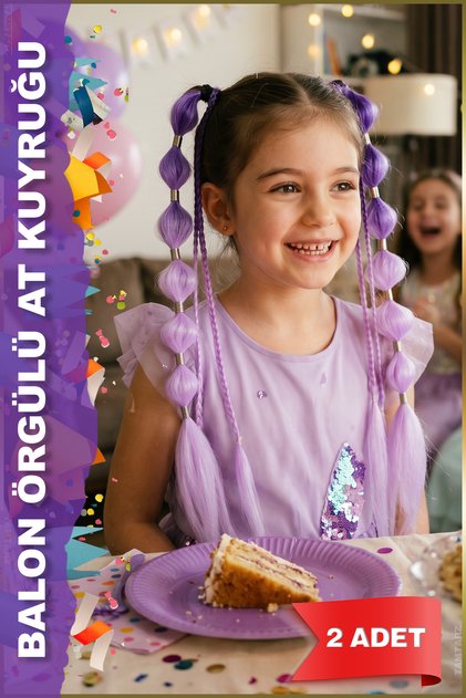 Balon Örgülü Lastikli At Kuyruğu - Mor/Lila Ombreli - 2 Adet