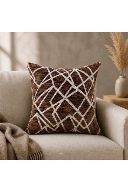 Coffee Geometric Patterned Decorative Throw Pillow Cover Chenille Modern Design