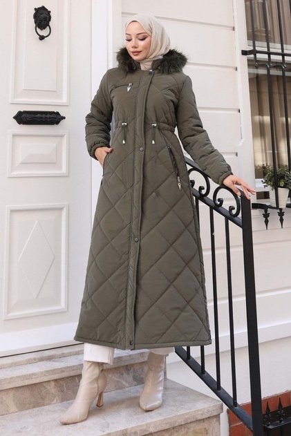 Zippered Hooded Quilted Coat Khaki 19277
