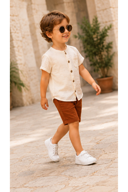 Muslin Boys' 2-Piece Set Summer Buttoned Pocket Shirt and Shorts Set