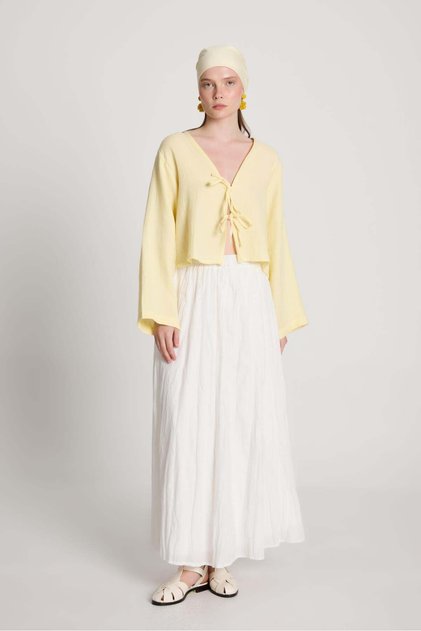 Women's White Voile Fabric Wrinkled Long Lined Skirt 29062