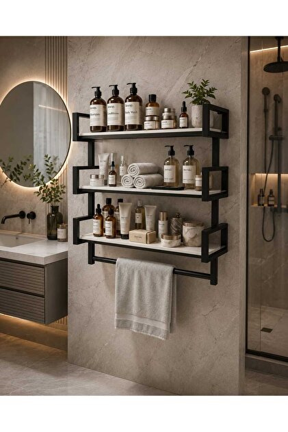 BRTWOODS Havluluklu 3 Katlı Metal Banyo Rafı Duvara Monte