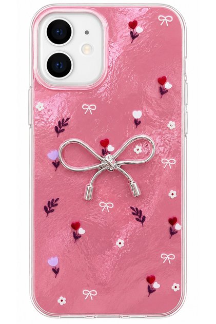 iPhone 11 Case with Marbling Effect, 3D Bow and Floral Pattern, Raised Camera Cover