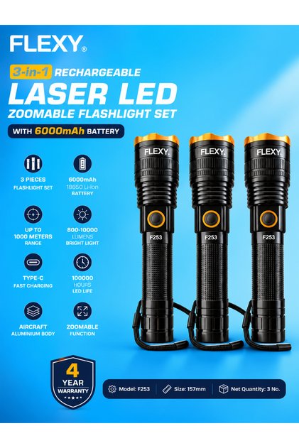 مصباح يدوي LED قابل لإعادة الشحن F253 Ranger R3 3 في 1 مع خاصية التكبير/التصغير، مع ضمان لمدة 4 سنوات
