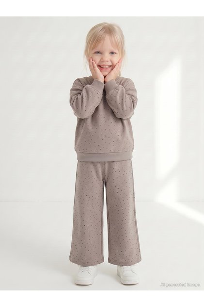 Girl's Stone Printed Tracksuit Set | Oysho Long Sleeve | School Nursery and Daily Use - Beige