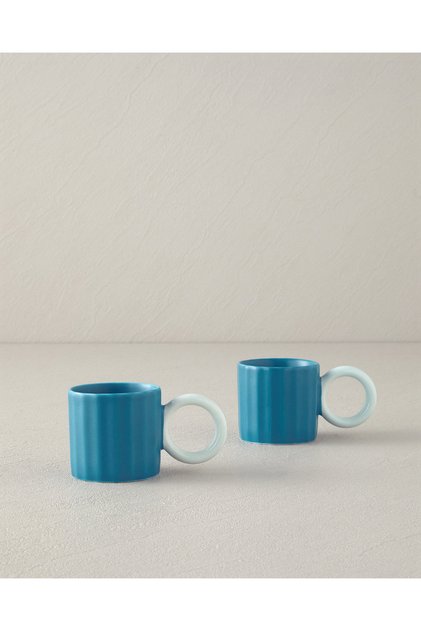 Angled New Bone China 2 Parça 2 Kişilik Kahve Fincan Takımı 90 ml Turkuaz