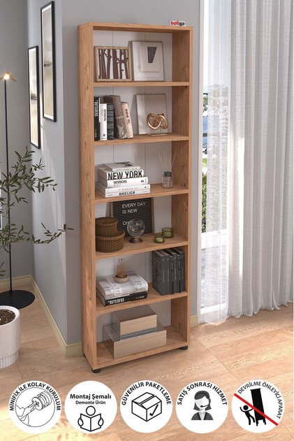 6 Raflı Kitaplık Dekoratif Kitaplık Modern Kitaplık Poyraz Çam