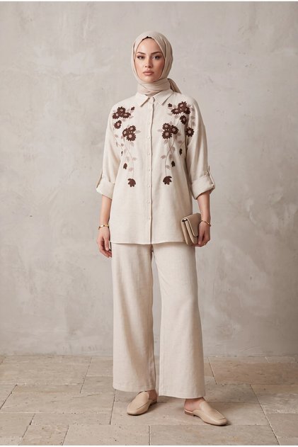 Embroidered Stone Linen Suit