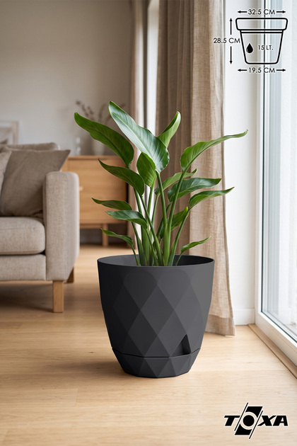 15 Litre Antrasit Prizma Desenli Büyük Boy Tabaklı Plastik Saksı Yakamoz No6 Ø32,5x28,5cm