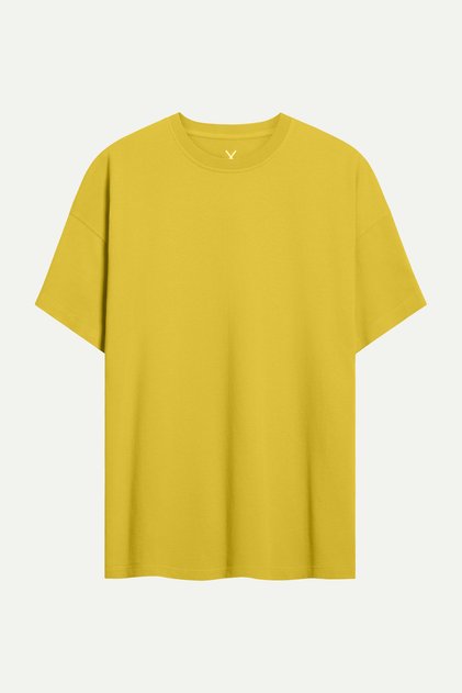 Sarı Erkek Oversize / Relax Basic Tişört - %100 Pamuk | (Relax - Moss)
