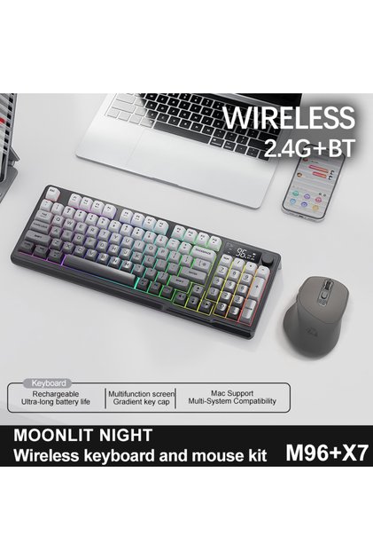 مجموعة MoonlitNight M96 لوحة مفاتيح لاسلكية بتقنية البلوتوث ولوحة مفاتيح ألعاب FREEWOLF بشاشة إلكترونية
