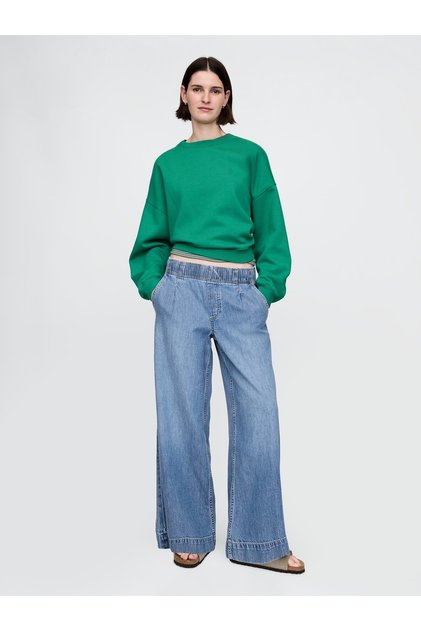Kadın Mavi Mid Rise UltraSoft Pileli Baggy Jean Pantolon