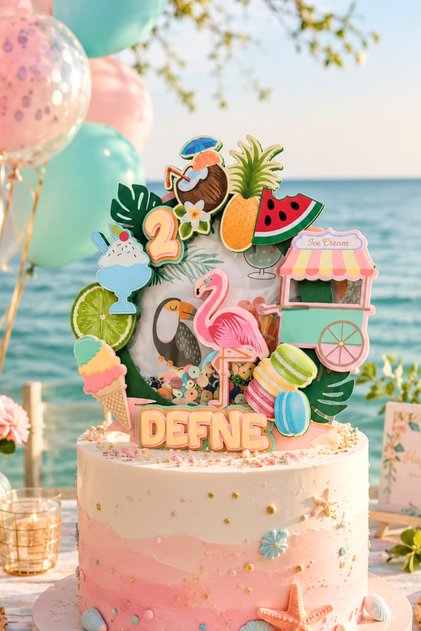Tropikal Meyve, Ananas, Flamingo Temalı Kız Çocuk Doğum Günü İsme Özel 3D Pasta Süsü Cake Topper