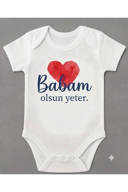 Babam Olsun Yeter Kalp Printed Baby Bodysuit with Snap Fasteners