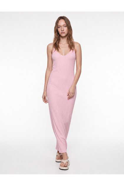 Bürümcük Fabric Long Sheath Dress with Rope Straps and Back Detail