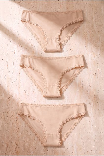 Kadın 3'lü Dantelli Basic Slip Külot Ten