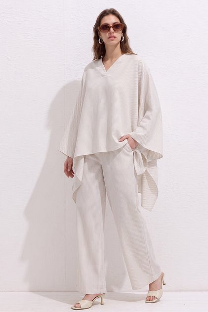 Asymmetrical Cut Striped Suit Y0164 - Stone
