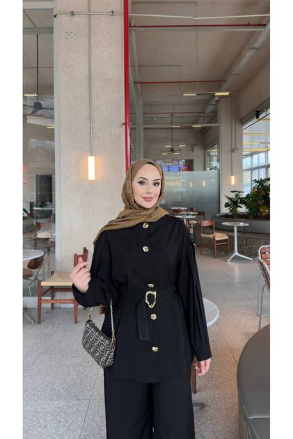 Hijab Pants Shirt Set with Belt Detail