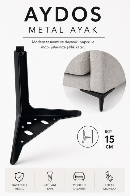 AYDOS Metal Ayak 15 Cm Mat Siyah Mobilya Ayağı Dayanıklı Modern Dekoratif Tasarım Kolay Montaj