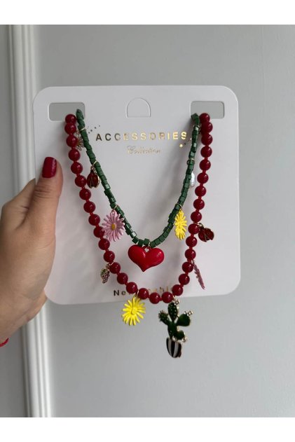 Zr Model Flower & Cactus Detailed Bead Necklace