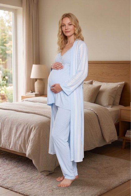 New Season Blue Summer Striped Long Dressing Gown with Straps 100% Cotton Lace Maternity Maternity Dressing Gown Pajama Set