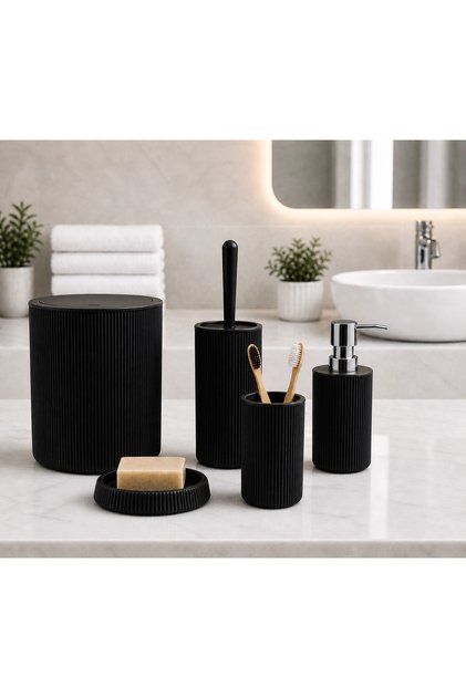 5’li Banyo Seti Çizgili Tasarım – 6,25 L Çöp Kovası + WC Fırçası + Sıvı Sabunluk + Diş Fırçalık + Katı Sabunluk Modern Banyo Aksesuar Seti