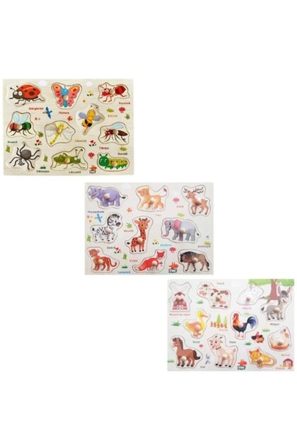 ® Set 3 Puzzle incastru din lemn in limba romana, Joc educativ cu Insecte, Animale domestice și sălbatice, 29 de piese, 3+