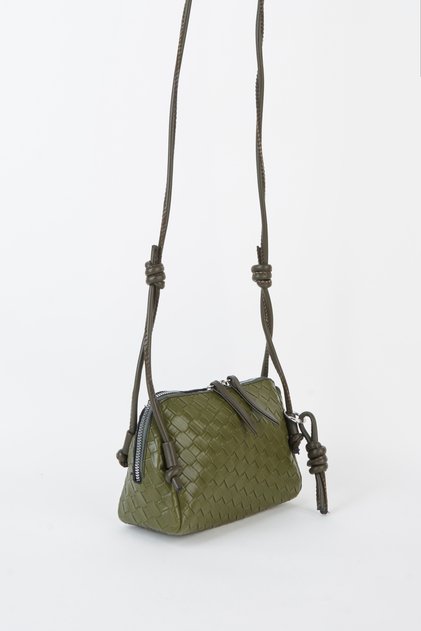 Women's Nazen Khaki Knitted Design Faux Leather Small Size Zipper Closure Handbag and Shoulder Bag