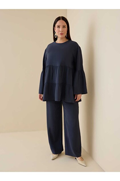 Modal Fabric Flywheel Detailed Large Size Suit - Navy Blue -