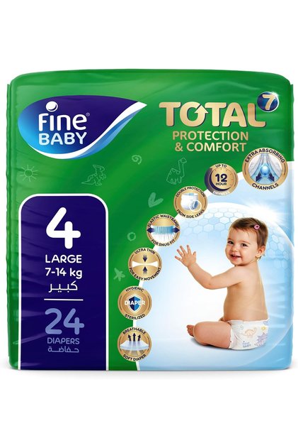 Baby Total 7 Diapers, Size 4 Large (7–14 kg), 24 Count. Superior Protection & Comfort.