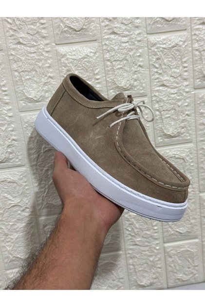 Μπεζ δερμάτινα ανδρικά loafer παπούτσια από σουέντ