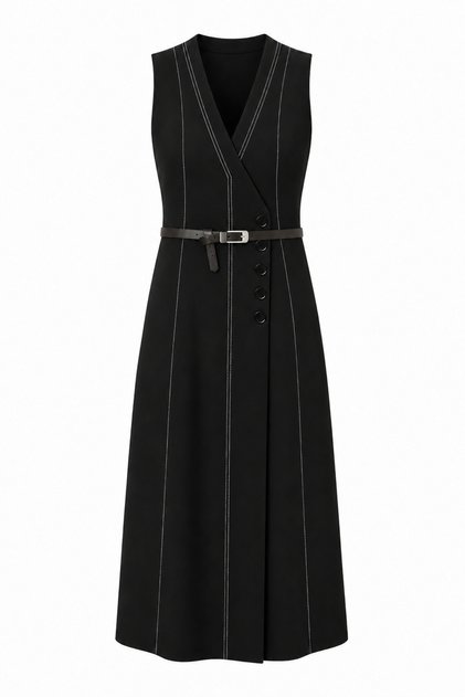 Contrast Stitched Double-Breasted Linen Dress