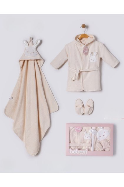 Hooded Embroidered Baby Bathrobe Set of 3 (Bathrobe + Towel + Slippers)