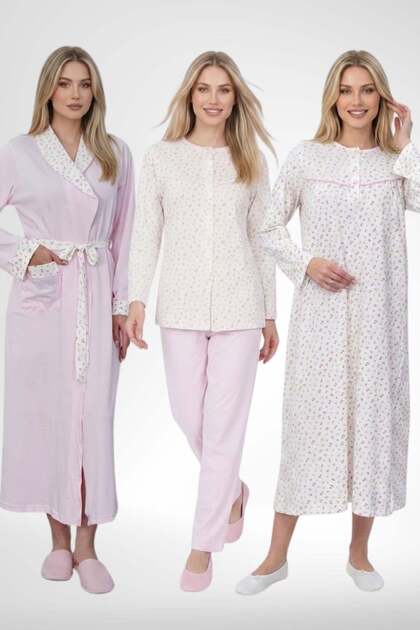 Mecit 6386 Pink Large Size Women's Dressing Gown Buttoned Pajamas and Long Sleeve Nightgown Set