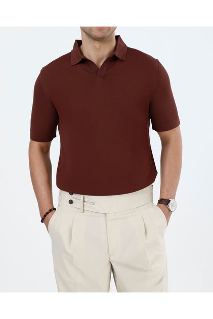 Italian Style Slim Fit Polo Collar Knitwear T-Shirt in Tan T13756