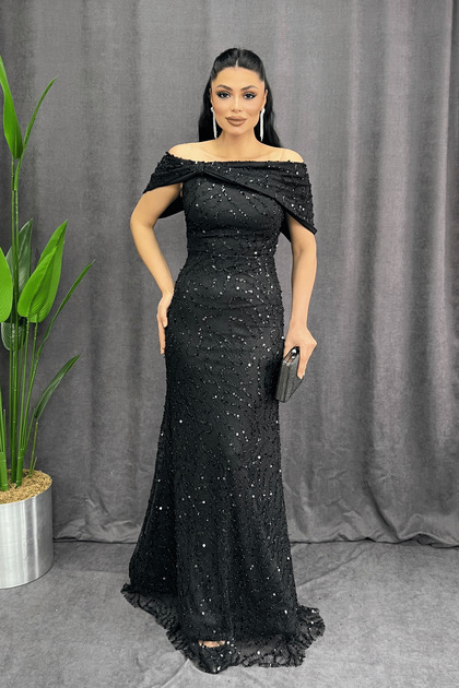 giyimmasal Beaded Lace Fabric Boat Neck Evening Dress - Black- Trendyol giyimmasal Beaded Lace Fabric Boat Neck Evening Dress - Black- Trendyol