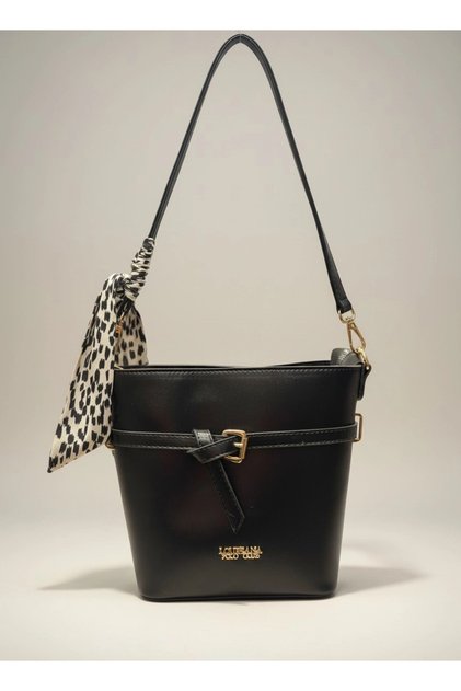 Women's Black Scarf Hand and Shoulder Bag - Buckle Detailed, Crossbody Baguette Bag