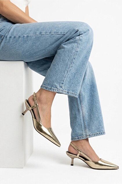 Women's Gold Mirror Wrinkled Patent Leather Pointed Toe Double Strap Heeled Shoes