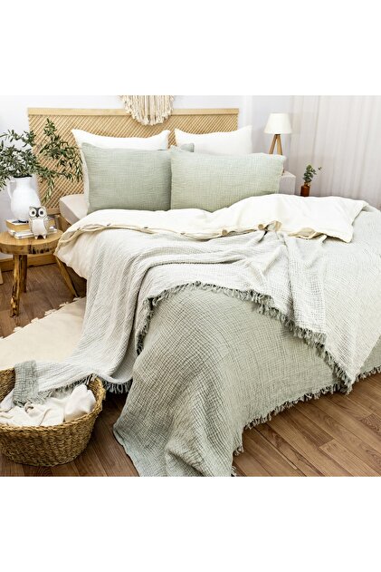 100% Cotton Muslin 4 Layer Bedspread Pike Double Size 230X240 Cm. Green Color - 2 Pillowcases 50X70 Cm.