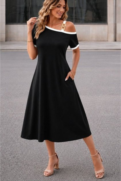 Women's One-Shoulder Strap Short Sleeve Midi Length Summer Viscose Dress