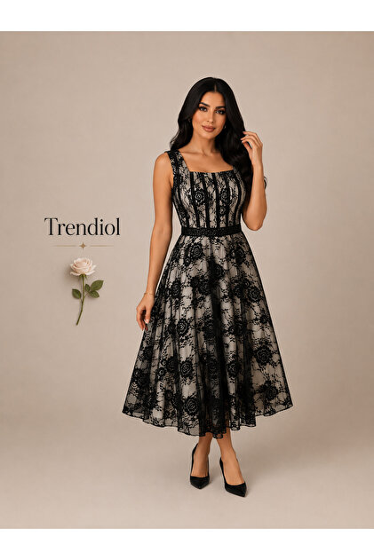 Verona Black Lace Midi Evening Dress Lined in Beige with Wide Straps- Trendyol Verona Black Lace Midi Evening Dress Lined in Beige with Wide Straps- Trendyol